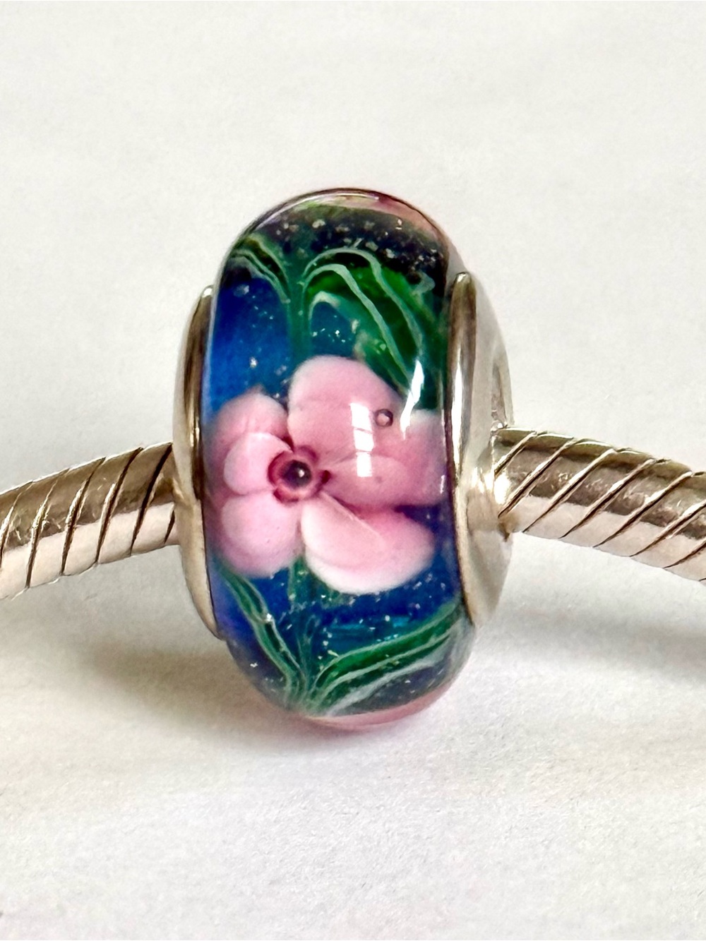 Blue Murano charm with Pink flowers fit Pandora bracelets